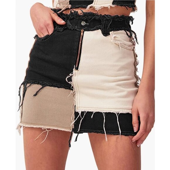 Sexy Black Colorblock Patchwork Denim Distressed Ripped Mini Bodycon Jean Skirt - Picture 1 of 6